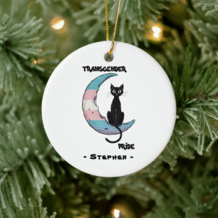 Adorno De Cerámica Orgullo transgénero - Gato negro en la luna transv