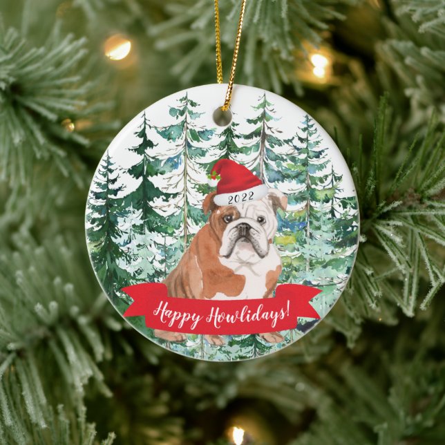 Adorno De Cerámica Orna feliz Bulldog inglés Perro Navidades (Árbol)