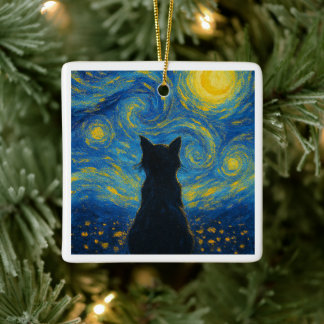 Adorno De Cerámica Ornament Cat Starry Night Van Gogh 