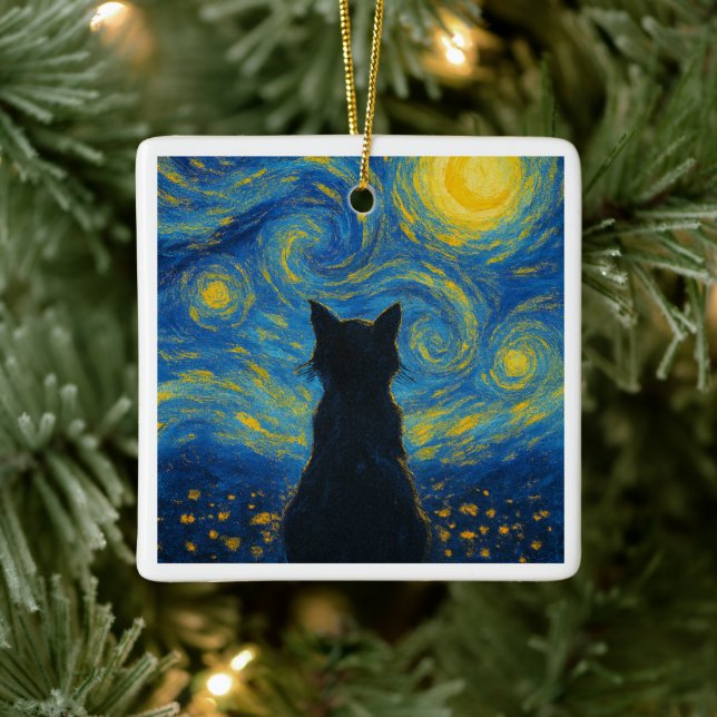 Adorno De Cerámica Ornament Cat Starry Night Van Gogh  (Árbol)