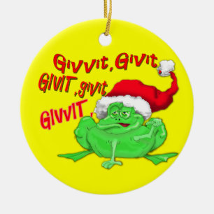 Adorno De Cerámica Ornament w/frog santa hat diciendo Givit Givit