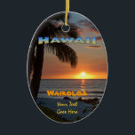 Adorno De Cerámica Ornamento: Waikoloa Sunset #1 (Oval)<br><div class="desc">Un adorno de cerámica oval que muestra el sol casi inestable que ilumina el fondo de las nubes circundantes con un resplandor naranja. Añade palmeras en la silueta y una playa de coral algo visible, ¡y tendrás la impresión de una puesta de sol ganadora! El texto se puede cambiar o...</div>