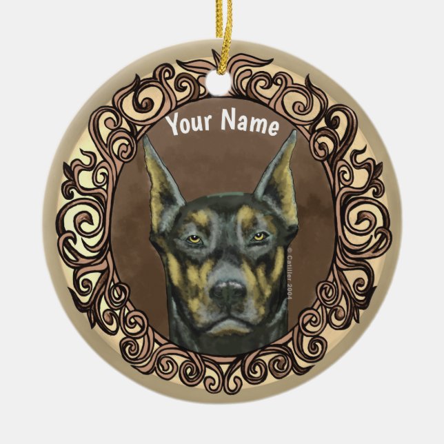 Adorno De Cerámica Ornate Doberman nombre personalizado (Frente)