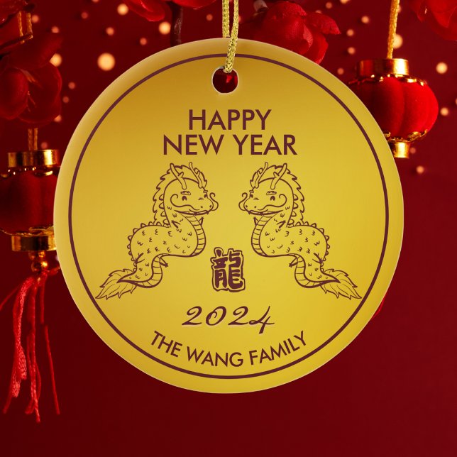 Adorno De Cerámica Oro de Año Nuevo Chino 2024 (Send wishes for a prosperous Year of 2024 with our Dragon Wishes Ornament!)