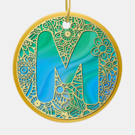 Adorno De Cerámica Oro, letra M de turquesa y flores coloridas