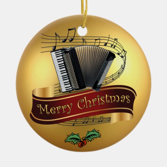 Adorno De Cerámica Oro musical feliz Christmas~ del ~ de la voluta (Frente)