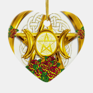 Adorno De Cerámica Oro pagano del pentáculo de Wiccan con los rosas