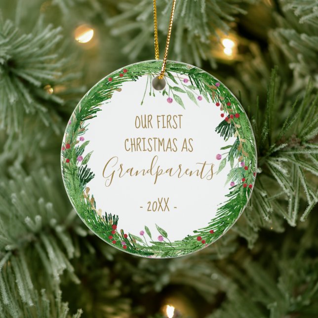 Adorno De Cerámica Oro primera Navidad: Abuelos, foto de bebé (Árbol)