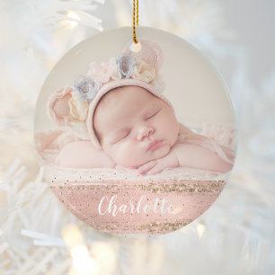 Adorno De Cerámica Oro Rosa Glam Personalizado para Foto de Bebé Niña