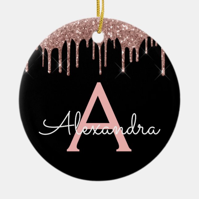 Adorno De Cerámica Oro Rosa - Nombre de monograma del Purpurina negro (Frente)