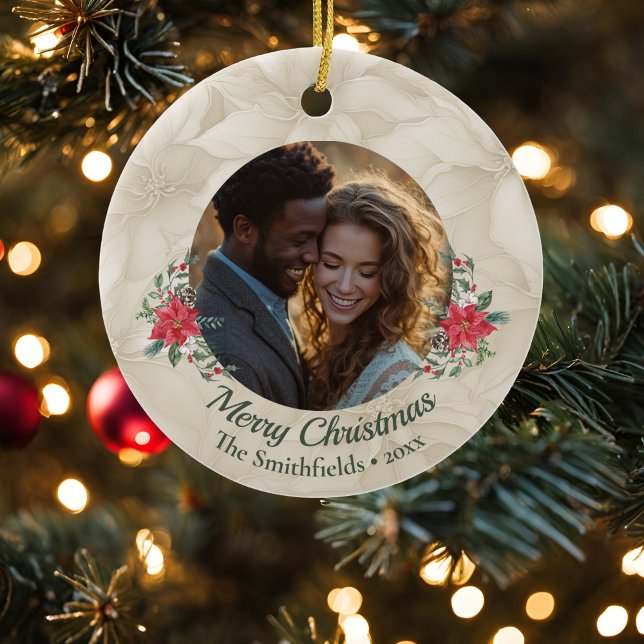 Adorno De Cerámica Oro, vacaciones de fotografía de Poinsettia Roja (Light Gold Poinsettia ornament)