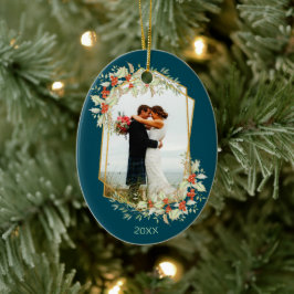 Adorno De Cerámica Oro y Holly | Foto de feriado geométrico