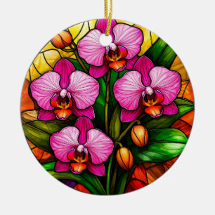 Adorno De Cerámica Orquídeas rosadas vibrantes y hojas verdes