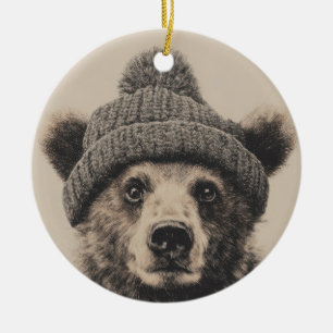 Adorno De Cerámica Oso Acogedor con Gorro - Lindo Animal de Invierno 