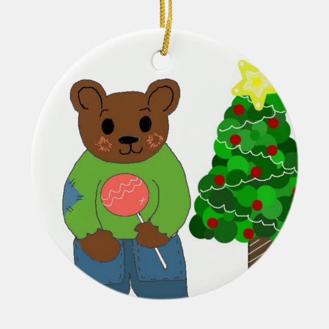 Adorno De Cerámica Oso de peluche con árbol de Navidad (Frente)
