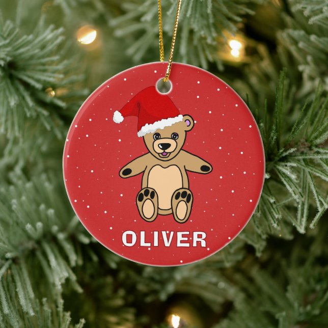 Adorno De Cerámica Oso de peluche con nombre Santa Hat (Árbol)