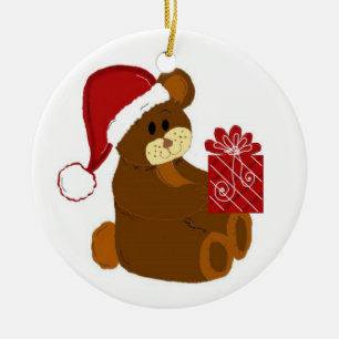Adorno De Cerámica Oso de peluche con sombrero de Santa y regalo rojo