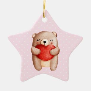Adorno De Cerámica Oso de peluche con un corazón rojo