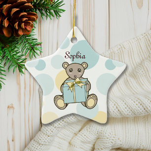 Adorno De Cerámica Oso de peluche dulce azul pastel y amarillo