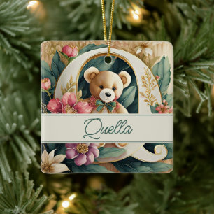 Adorno De Cerámica Oso de peluche floral con letra Q personalizada