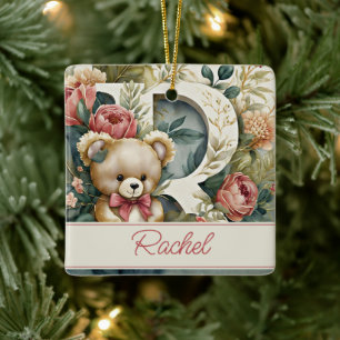Adorno De Cerámica Oso de peluche floral con letra R personalizada