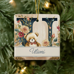 Adorno De Cerámica Oso de peluche floral con letra U personalizada