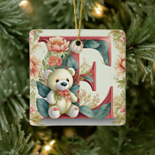 Adorno De Cerámica Oso de peluche floral letra E
