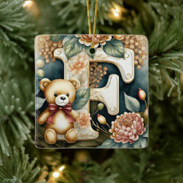 Adorno De Cerámica Oso de peluche floral letra F