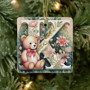 Adorno De Cerámica Oso de peluche floral letra K