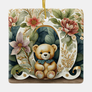 Adorno De Cerámica Oso de peluche floral letra O