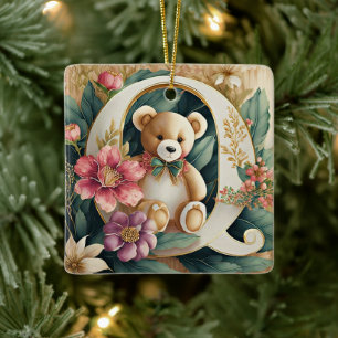 Adorno De Cerámica Oso de peluche floral letra Q
