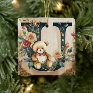 Adorno De Cerámica Oso de peluche floral letra U