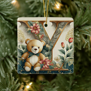 Adorno De Cerámica Oso de peluche floral letra Y