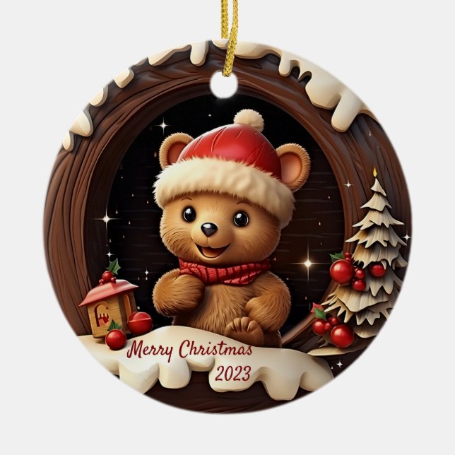 Adorno De Cerámica Oso de Teddy 3D con Santa Hat (Frente)