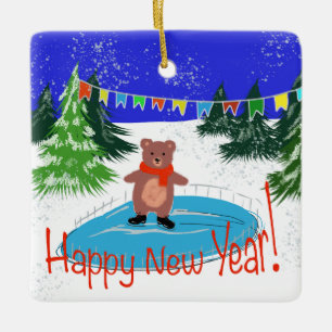 Adorno De Cerámica Oso gracioso en patines de invierno