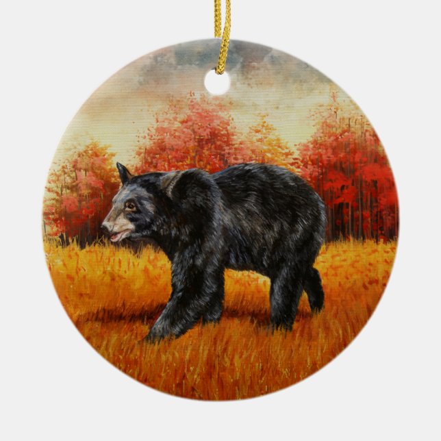 Adorno De Cerámica Oso Negro en el bosque otoñal (Frente)