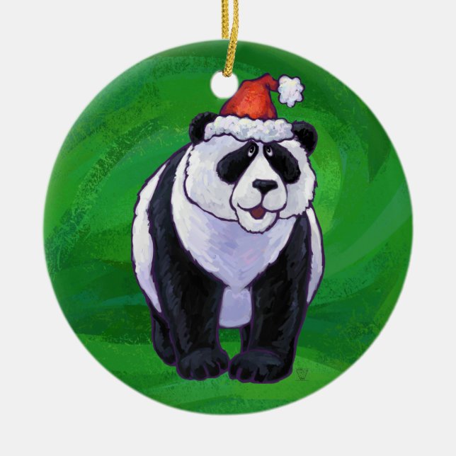 Adorno De Cerámica Oso Panda en Santa Hat en Green (Frente)