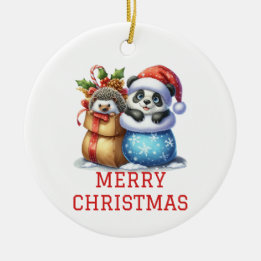 Adorno De Cerámica Oso panda lindo y cría de erizo Navidad