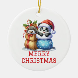 Adorno De Cerámica Oso panda lindo y cría de erizo Navidad