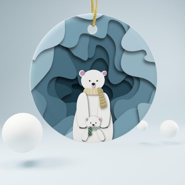 Adorno De Cerámica Oso Polar Azul Mamá y Bebé 1er Navidad (Modern Mom and Baby Polar Bear Blue Ornament for Baby 's First Christmas or Mom's First Christmas.)