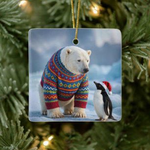 Adorno De Cerámica Oso Polar de Navidad y Pingüino en un Glaciar
