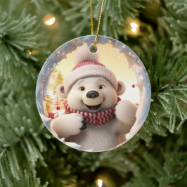 Adorno De Cerámica Oso polar feliz. Oso polar de Navidad.