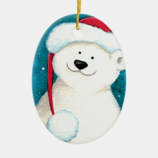 Adorno De Cerámica Oso polar festivo en un gorra de Santa