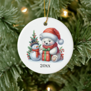 Adorno De Cerámica Oso polar lindo agrega fecha y mensaje Navidad 