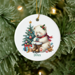 Adorno De Cerámica Oso polar lindo agrega fecha y mensaje Navidad