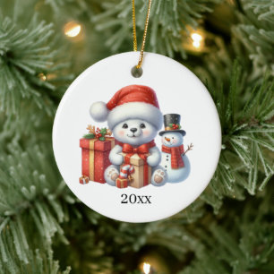Adorno De Cerámica Oso polar lindo agrega fecha y mensaje Navidad