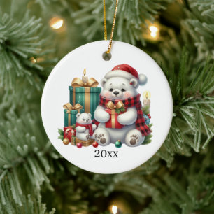 Adorno De Cerámica Oso polar lindo añade fecha y mensaje Navidad