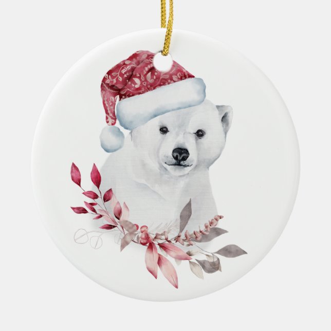 Adorno De Cerámica Oso polar Santa hat Feliz Navidad lindo (Frente)