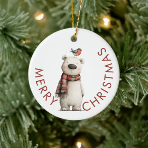 Adorno De Cerámica Oso Polar y Robin Feliz Navidad