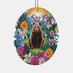 Adorno De Cerámica Oso sereno rodeado de flores